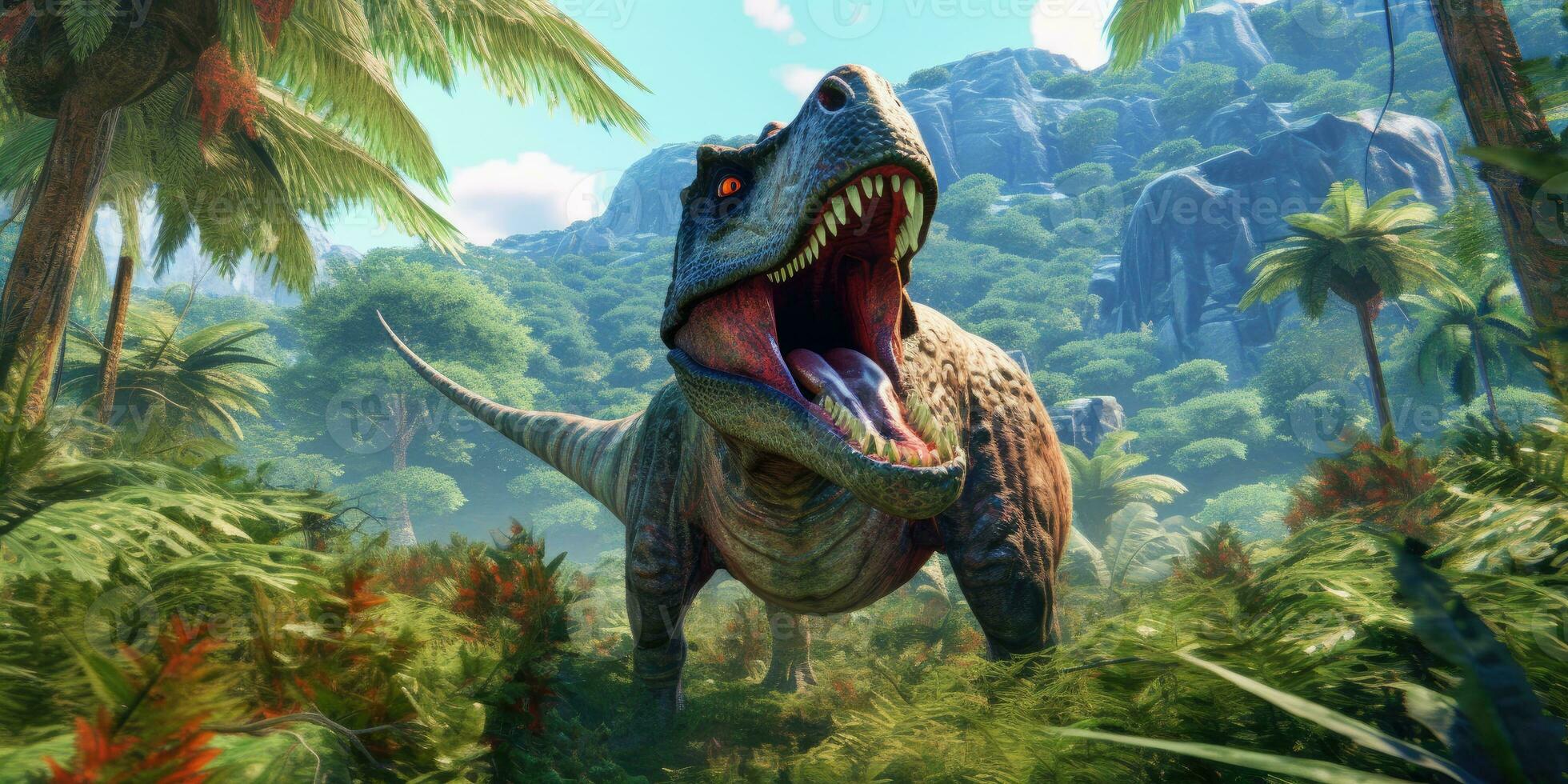 Fantasy image of tyrannosaurus in the jungle. Fantastic. High quality illustration. Generative AI photo