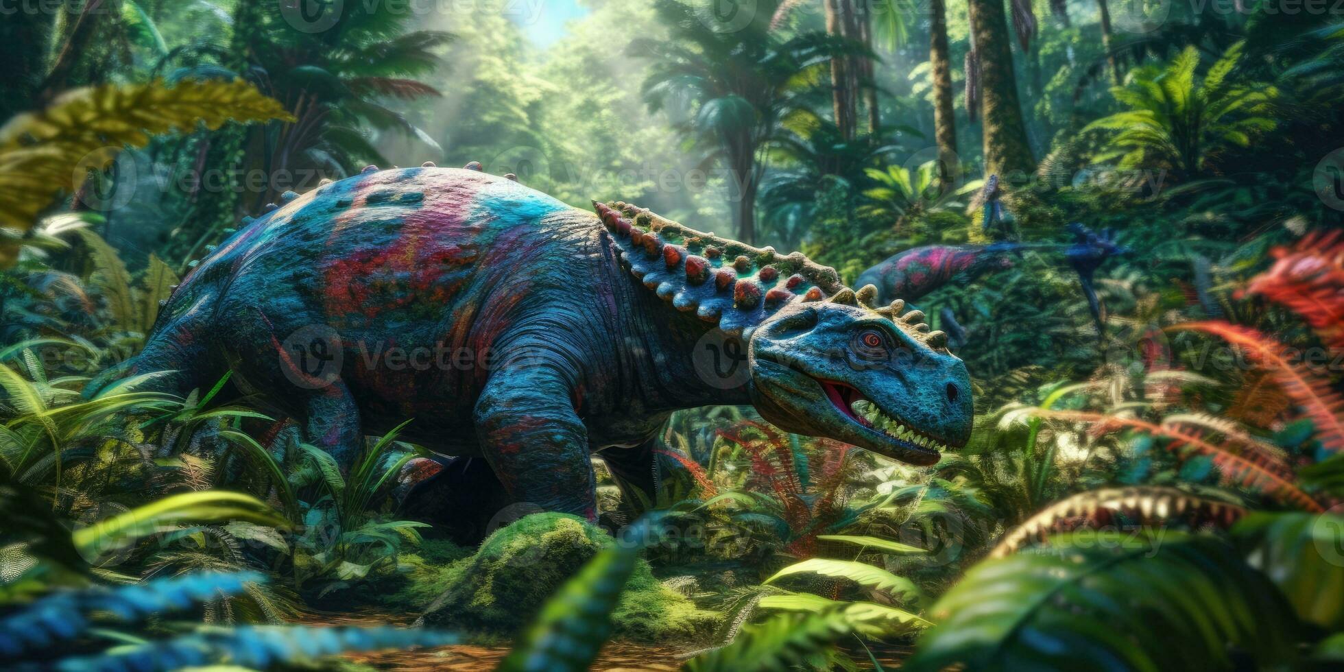 Fantasy image of a triceraptor in the jungle. Dinosaur. Generative AI photo