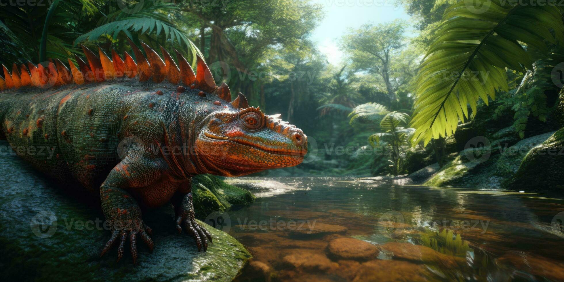 Fantasy image of a triceraptor in the jungle. Dinosaur. Generative AI photo