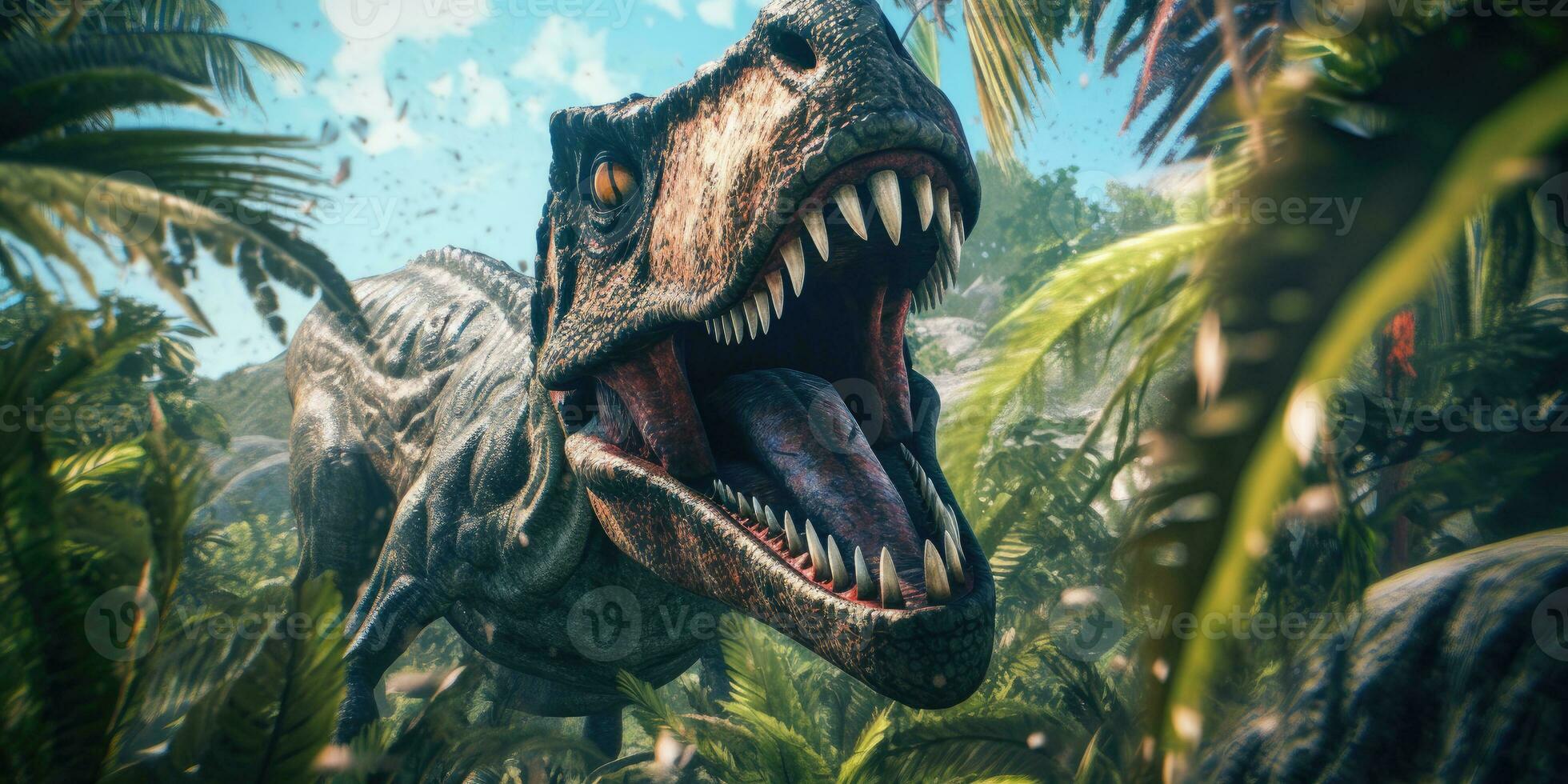 Fantasy image of tyrannosaurus in the jungle. Fantastic. High quality illustration. Generative AI photo