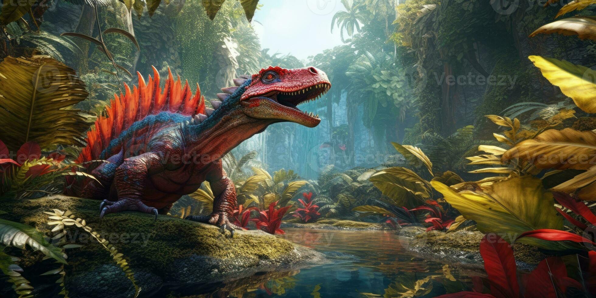 Fantasy image of a triceraptor in the jungle. Dinosaur. Generative AI photo