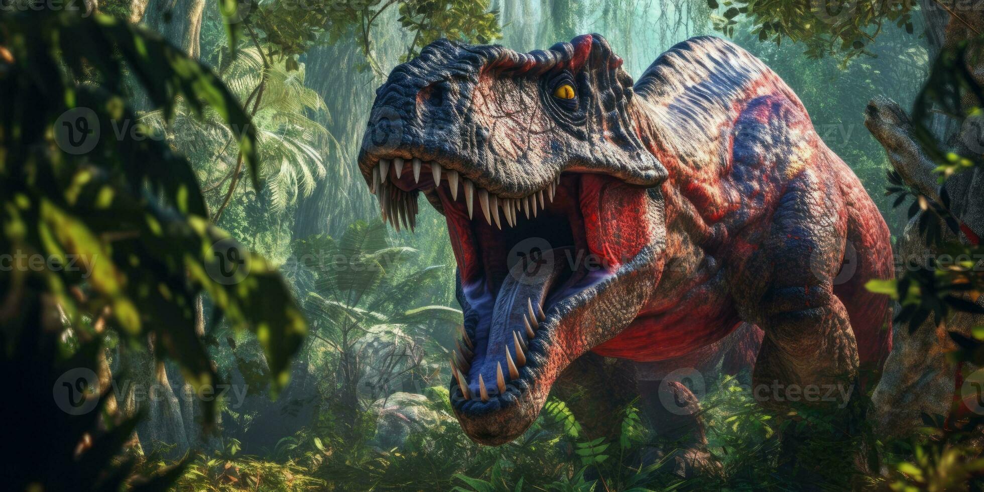 Fantasy image of tyrannosaurus in the jungle. Fantastic. High quality illustration. Generative AI photo