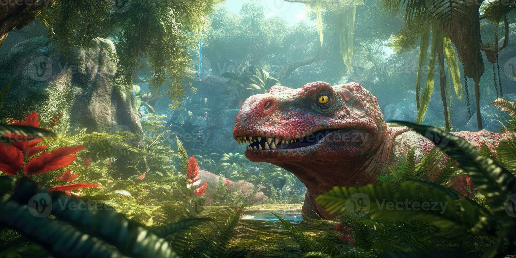 Fantasy image of a triceraptor in the jungle. Dinosaur. Generative AI photo