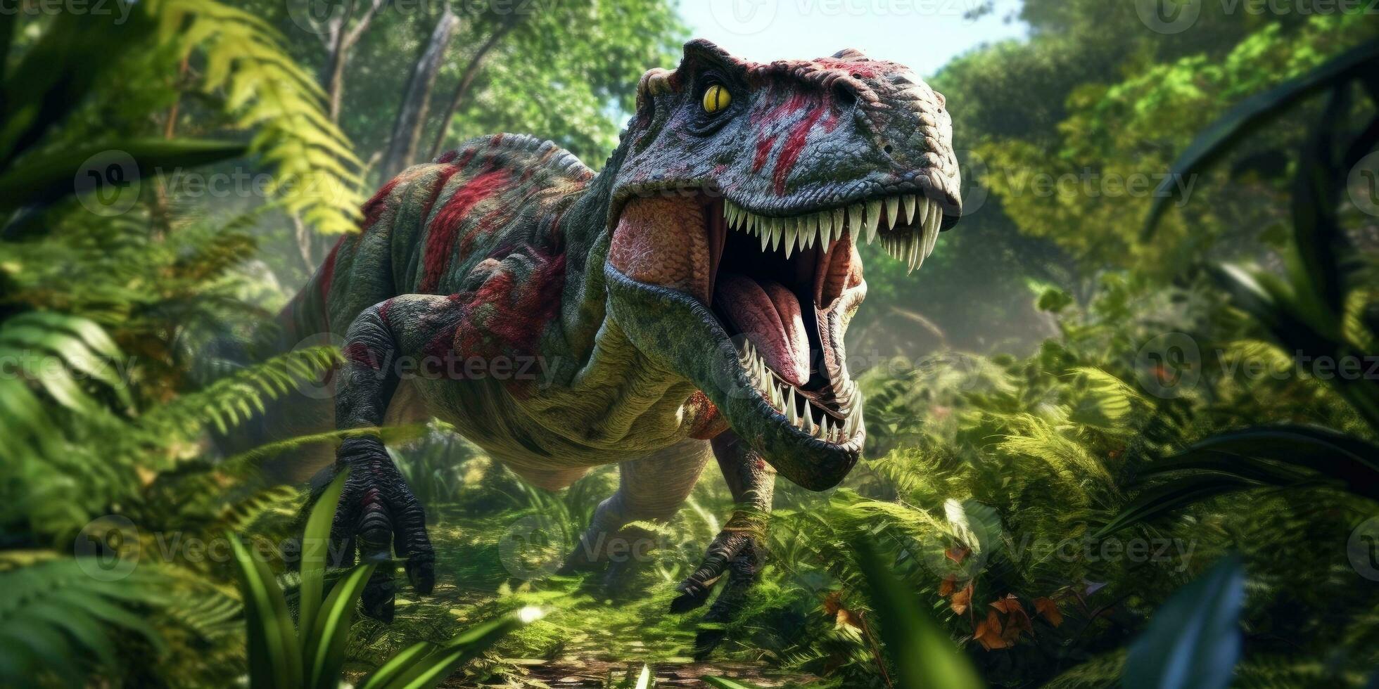 Fantasy image of tyrannosaurus in the jungle. Fantastic. High quality illustration. Generative AI photo