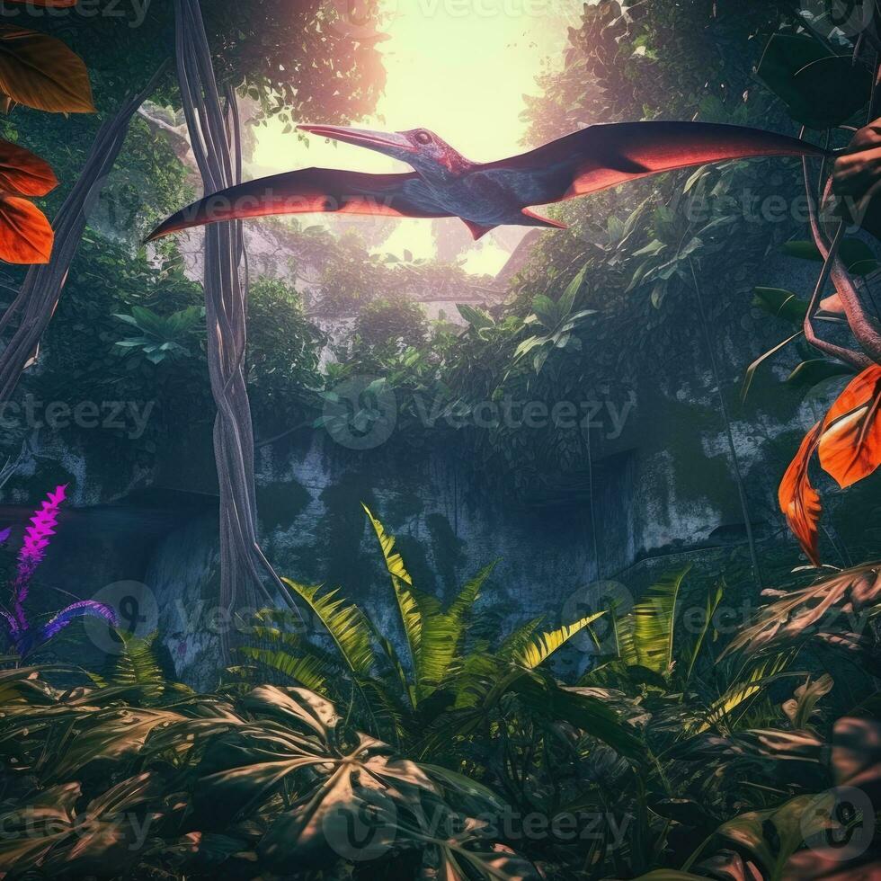 Bright Image of a pterasaur jungle. Fantasy world. Dinosaur. Generative AI photo