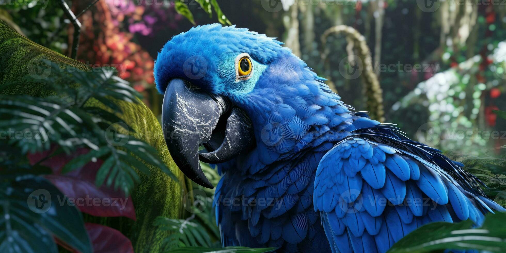 Blue macaw, parrot on a branch close-up. Generative AI photo