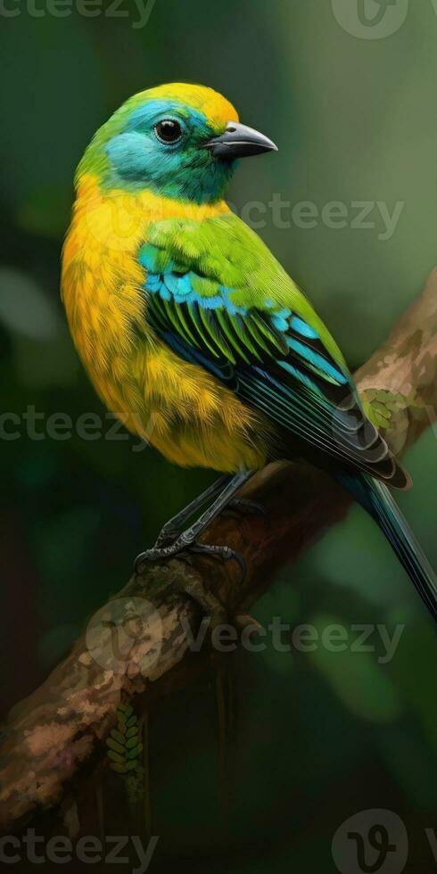 Bird green-headed oriole on a branch close-up. Generative AI photo