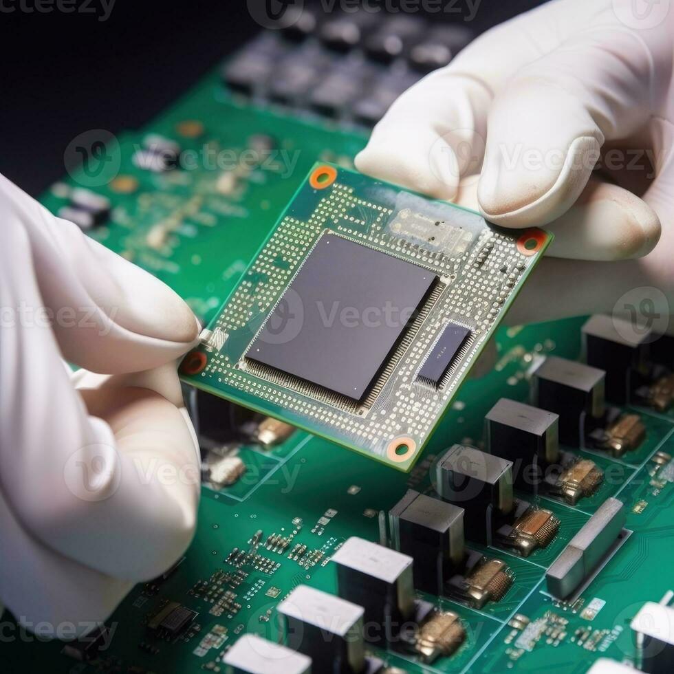 A microcircuit in the hands of a person, the relationship of circuits and data. Computer Chips, data, technology. Generative AI photo
