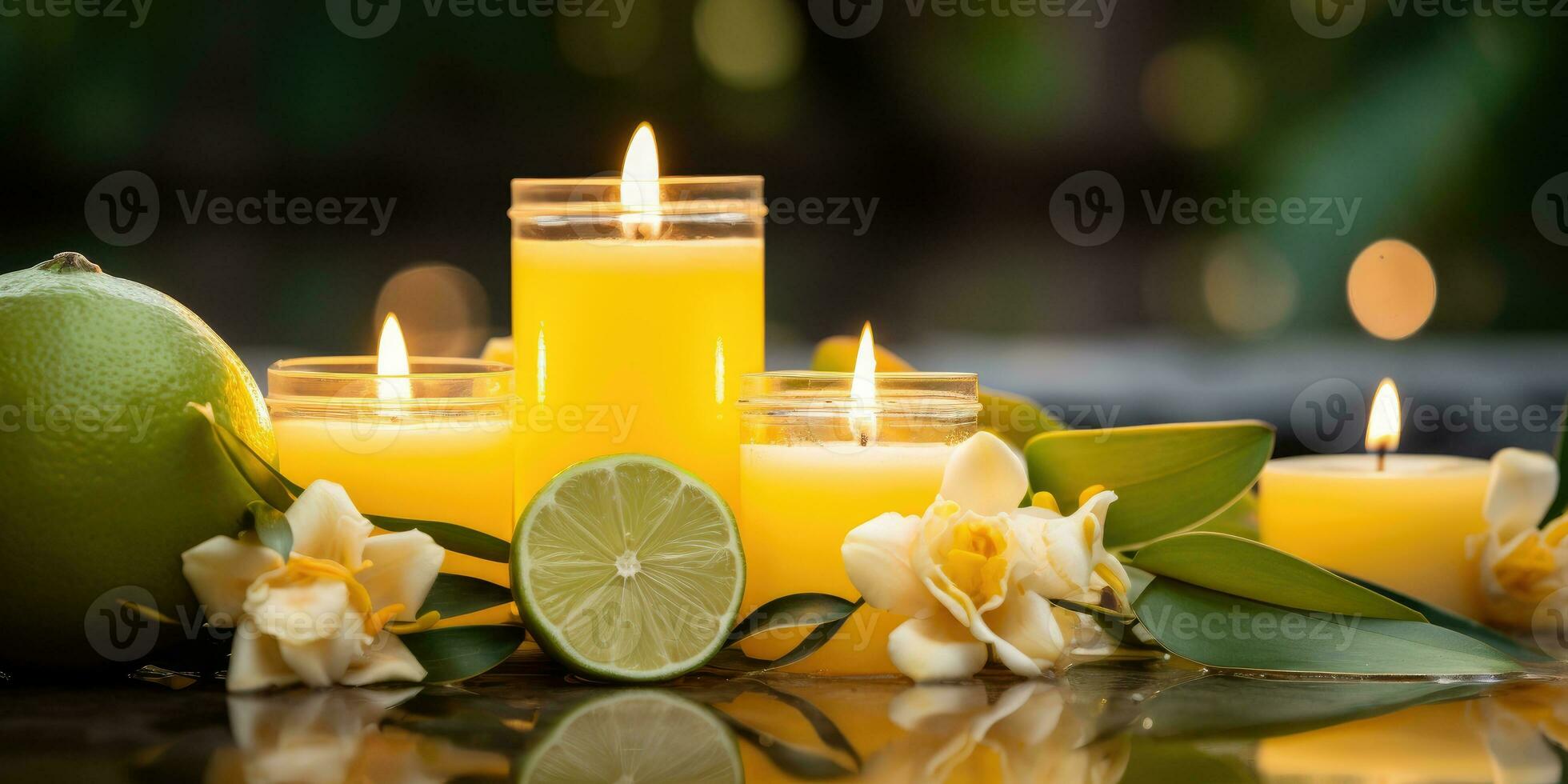 Lemon candles by the pool. Romantic mood. Generative AI photo