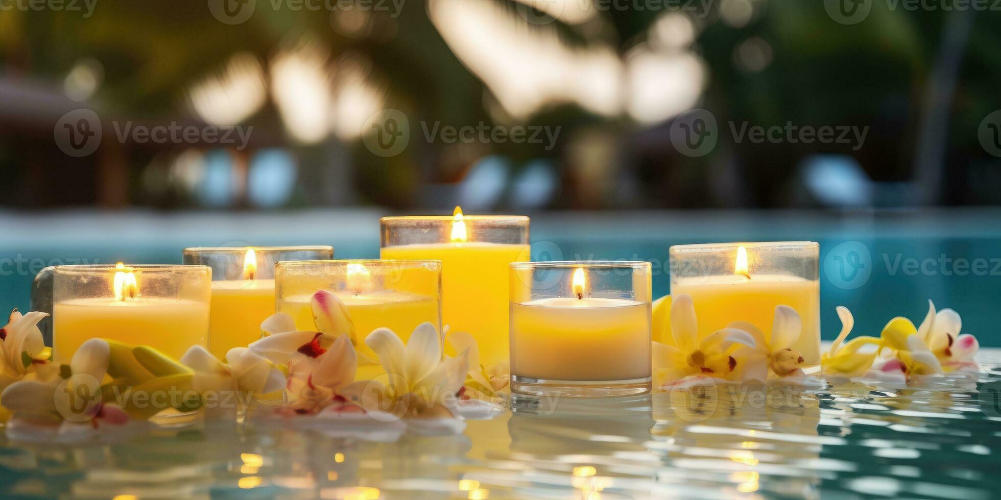 Lemon candles by the pool. Romantic mood. Generative AI photo
