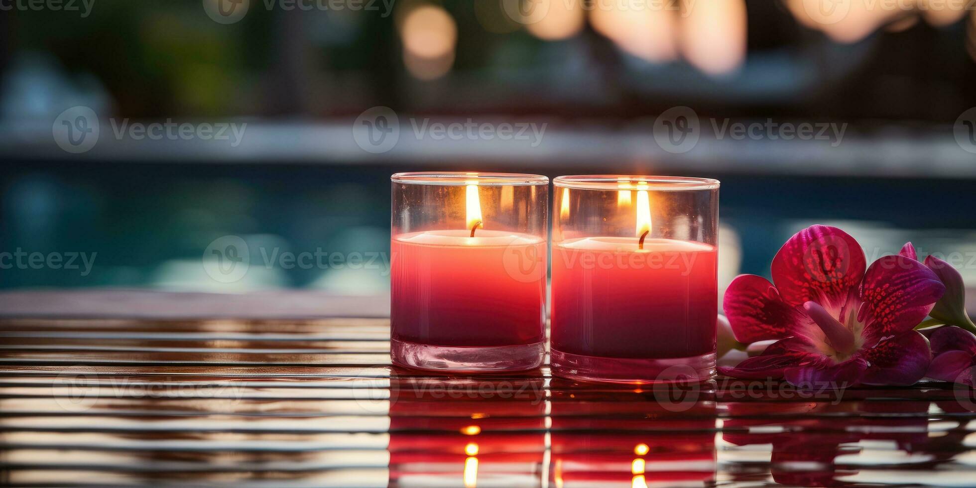 Pink candles by the pool with the scent of roses. Generative AI photo