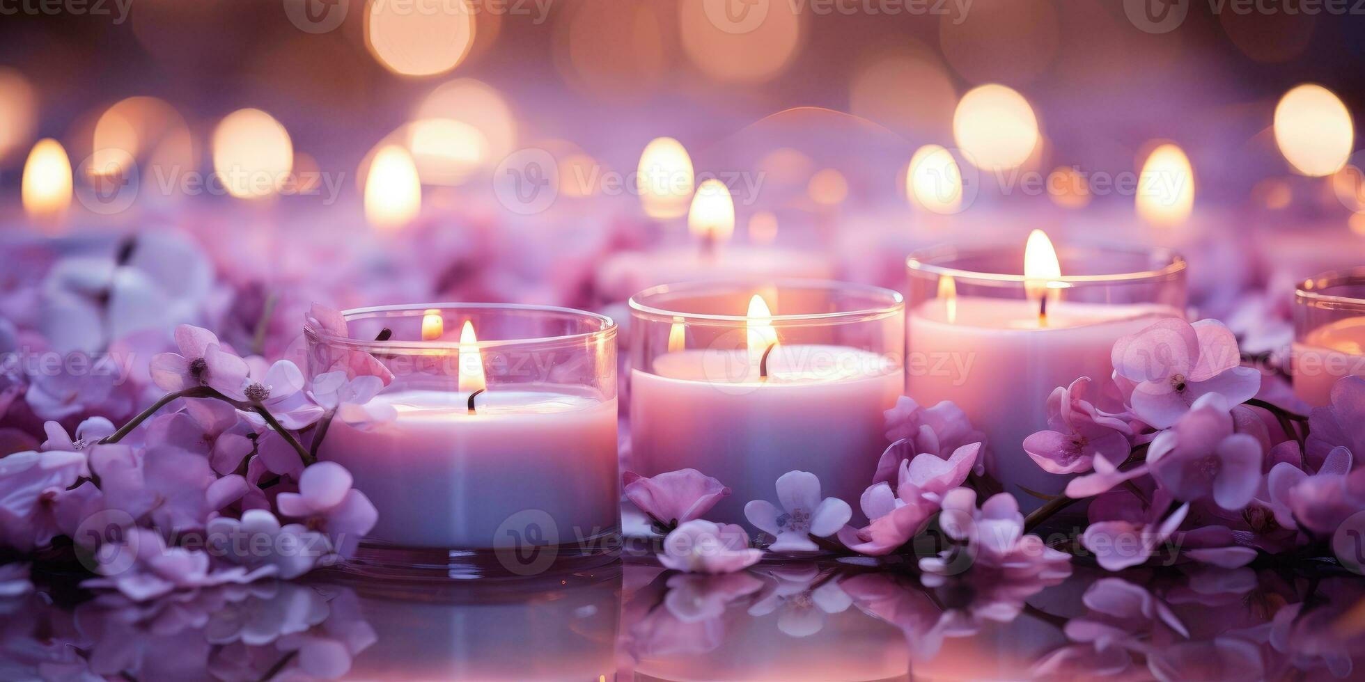 Purple natural candles. Beautiful background. Generative AI photo