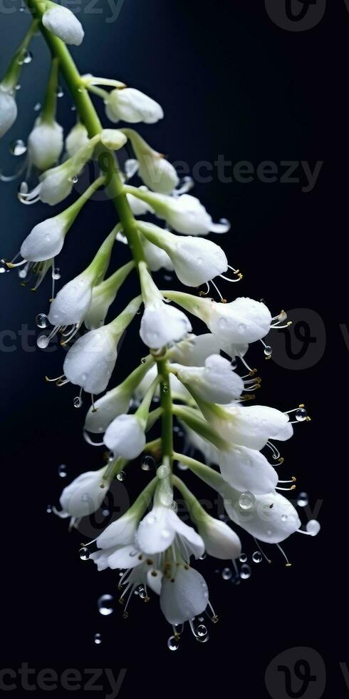Acacia flowers on a dark background. White flowers with raindrops. Generative AI photo