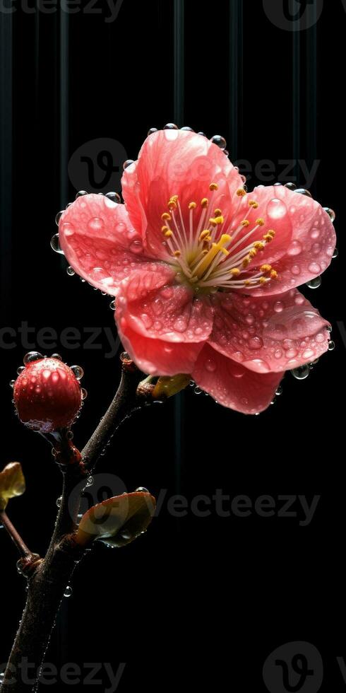 flowering branch of quince on a dark background. Generative AI photo