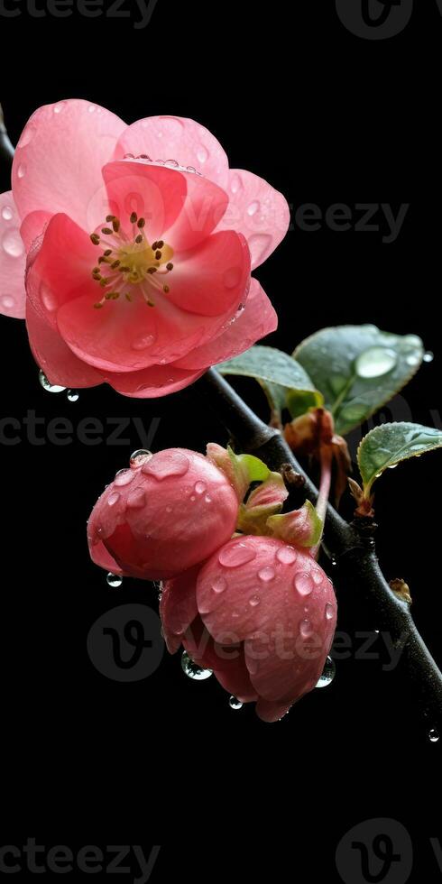 Japanese quince flowers close up. Generative AI photo