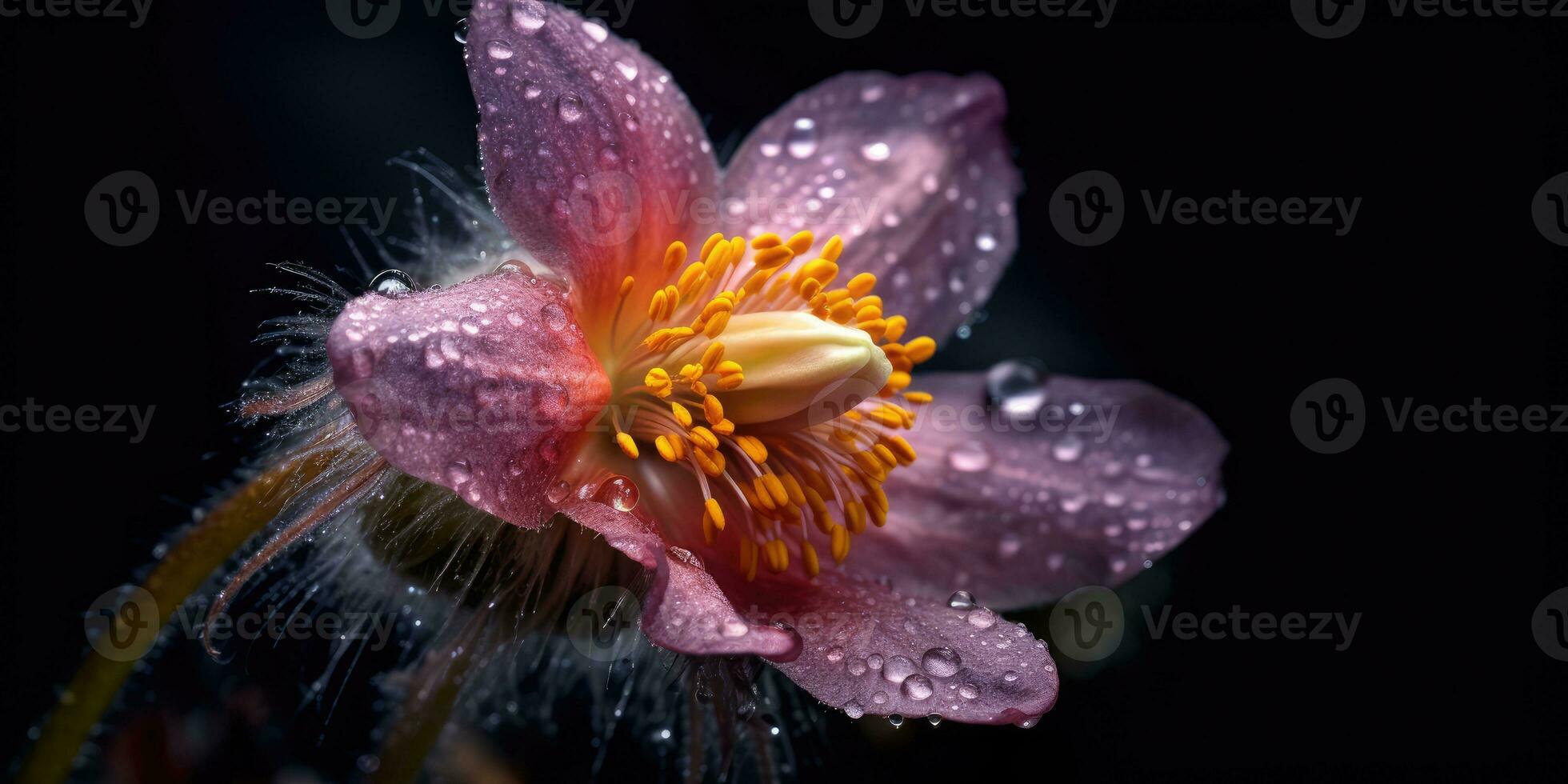 Pulsatilla flower with raindrops. Image for a poster or postcard. Generative AI photo