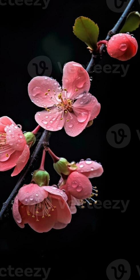 membrillo flores en un oscuro antecedentes con Rocío gotas. generativo ai foto