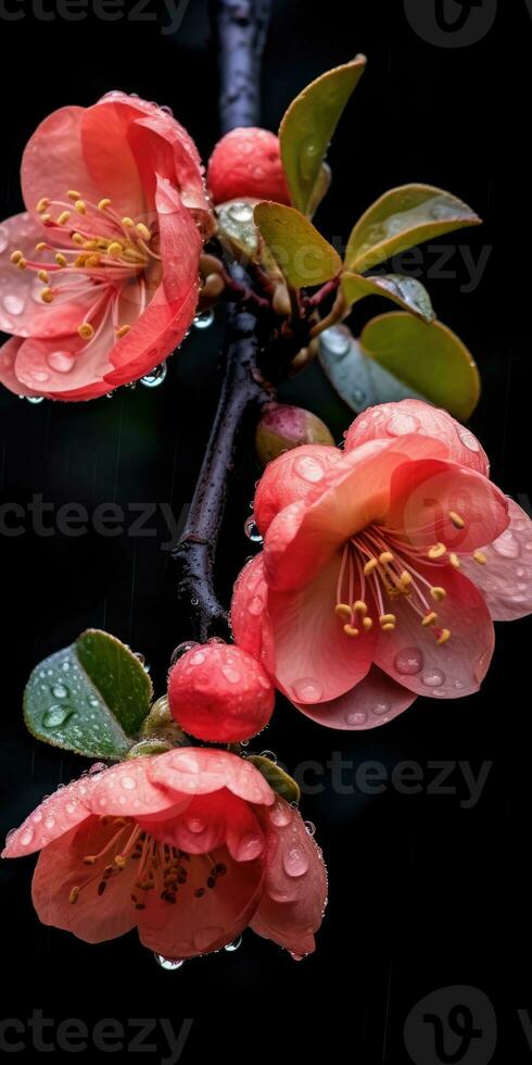 quince flowers on a dark background with dew drops. Generative AI photo