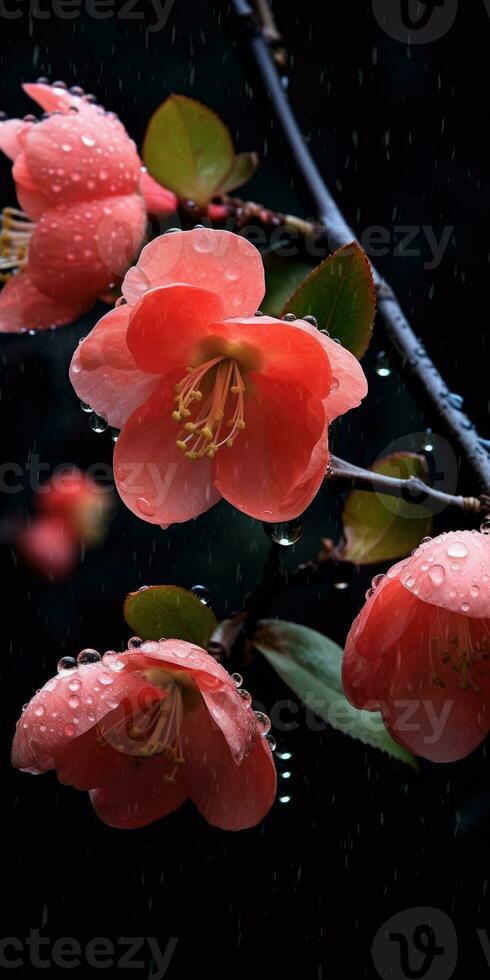 Japanese quince flowers close up. Generative AI photo