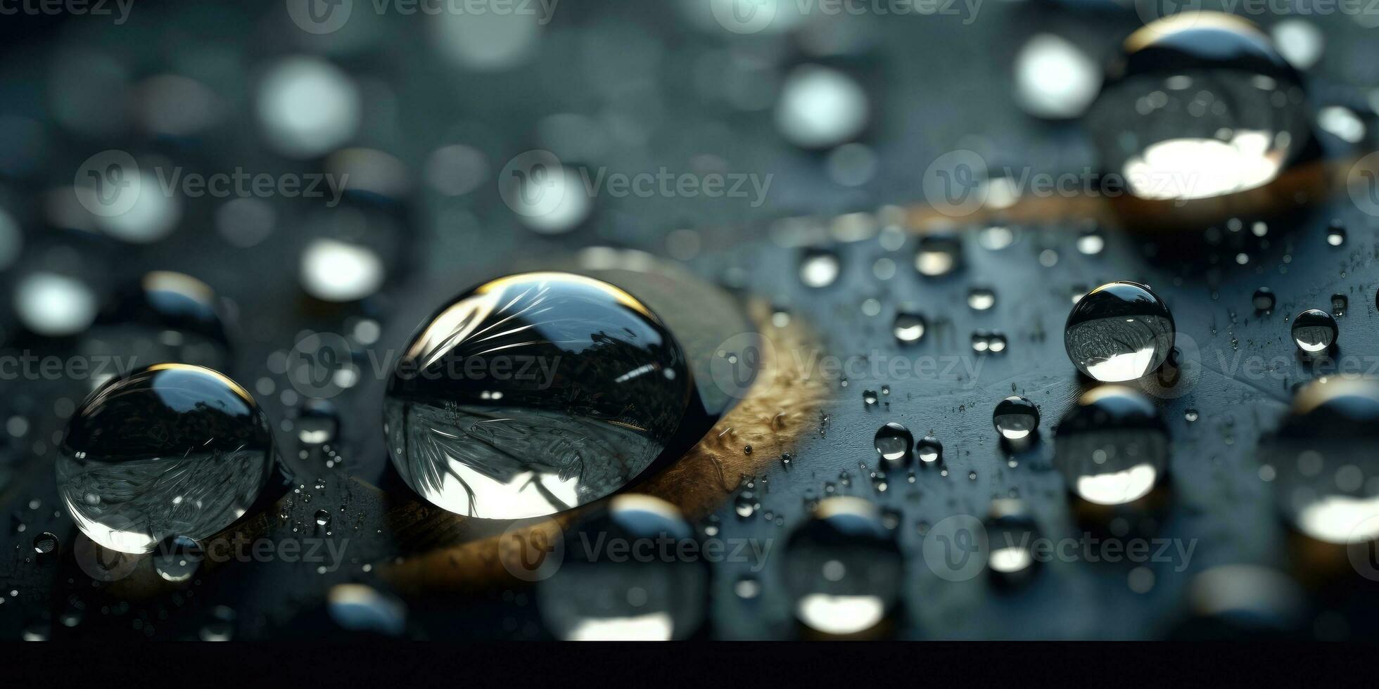 Raindrops close-up on a dark background. Generative AI photo
