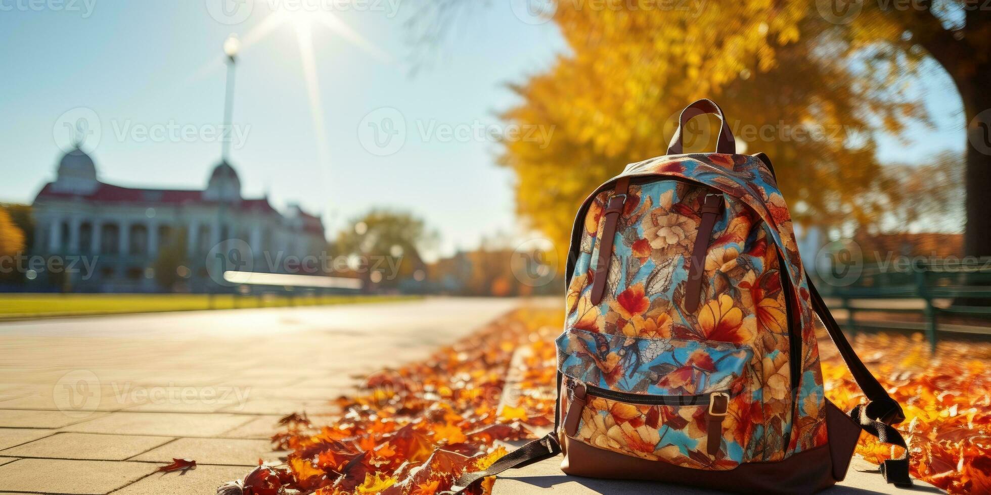 bright school backpack with space for text on autumn background. Generative AI photo