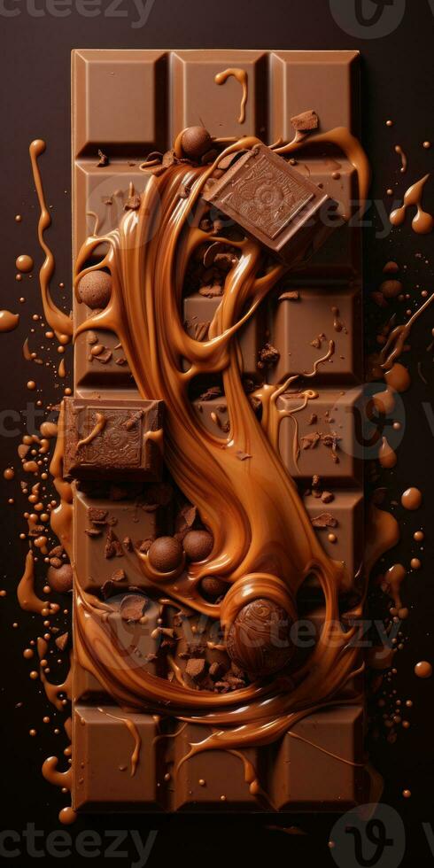 Bar of chocolate on a dark background. Sweetness. Generative AI photo