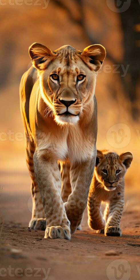 Lioness and cubs in wild and natural habitat. Generative AI photo