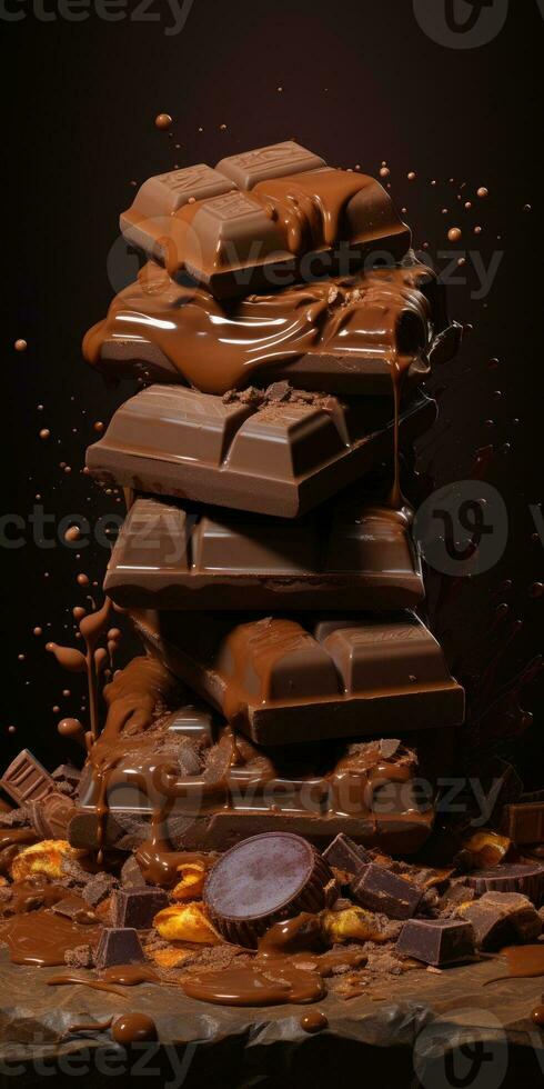 Bar of chocolate on a dark background. Sweetness. Generative AI photo