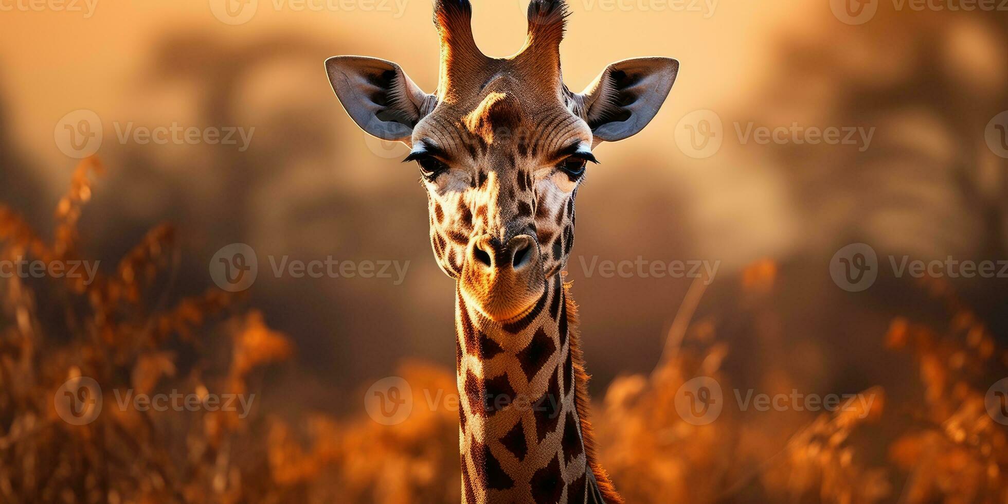 Giraffe walks high in the dry African savannah landscape between plants. Generative AI photo