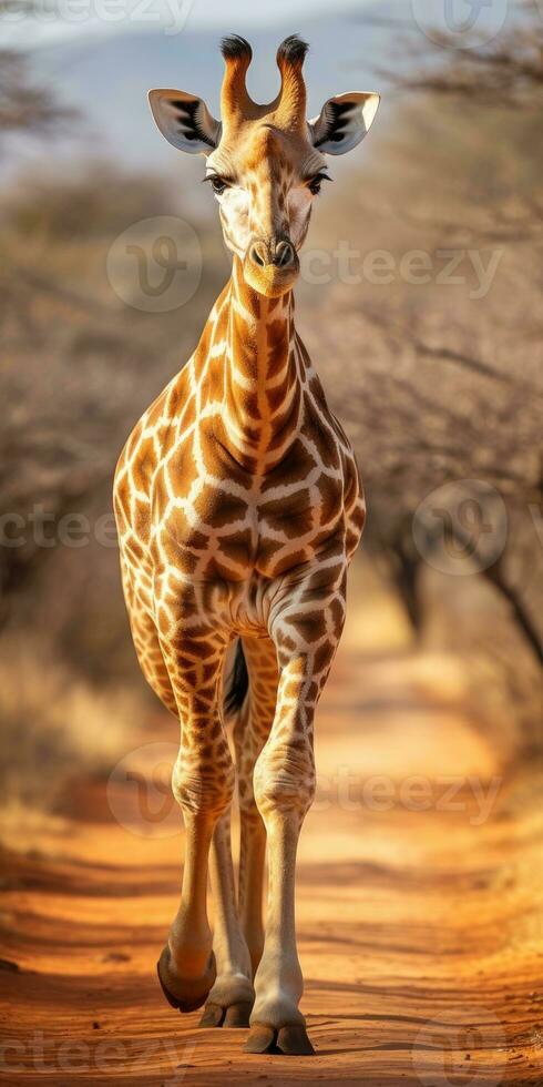 One giraffe walks the savanna between plants, wildlife. Generative AI photo