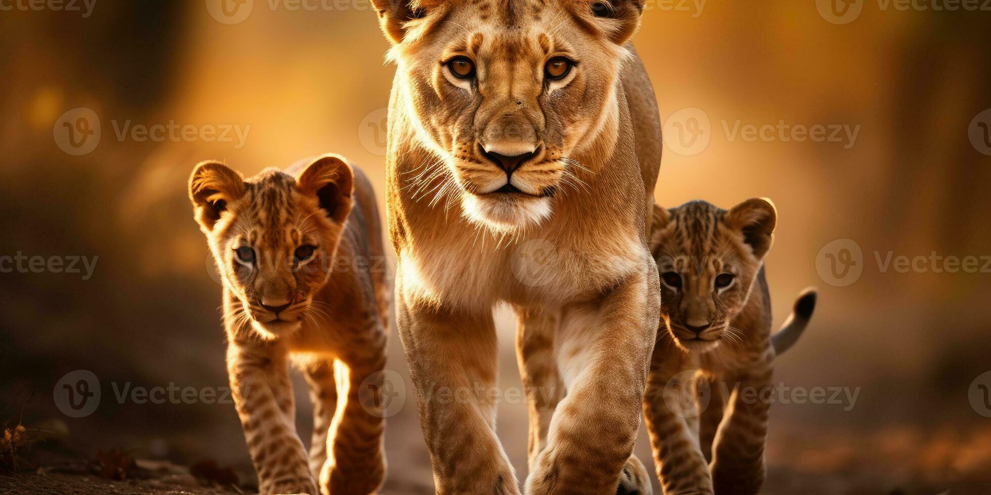 Lioness and cubs in wild and natural habitat. Generative AI photo