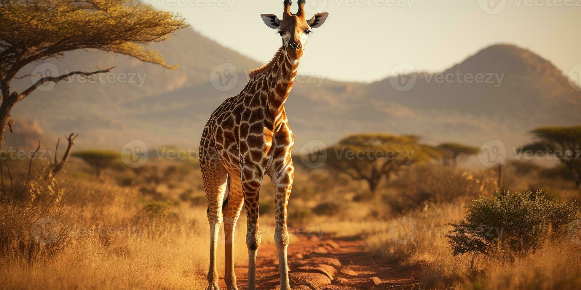 One giraffe walks the savanna between plants, wildlife. Generative AI photo