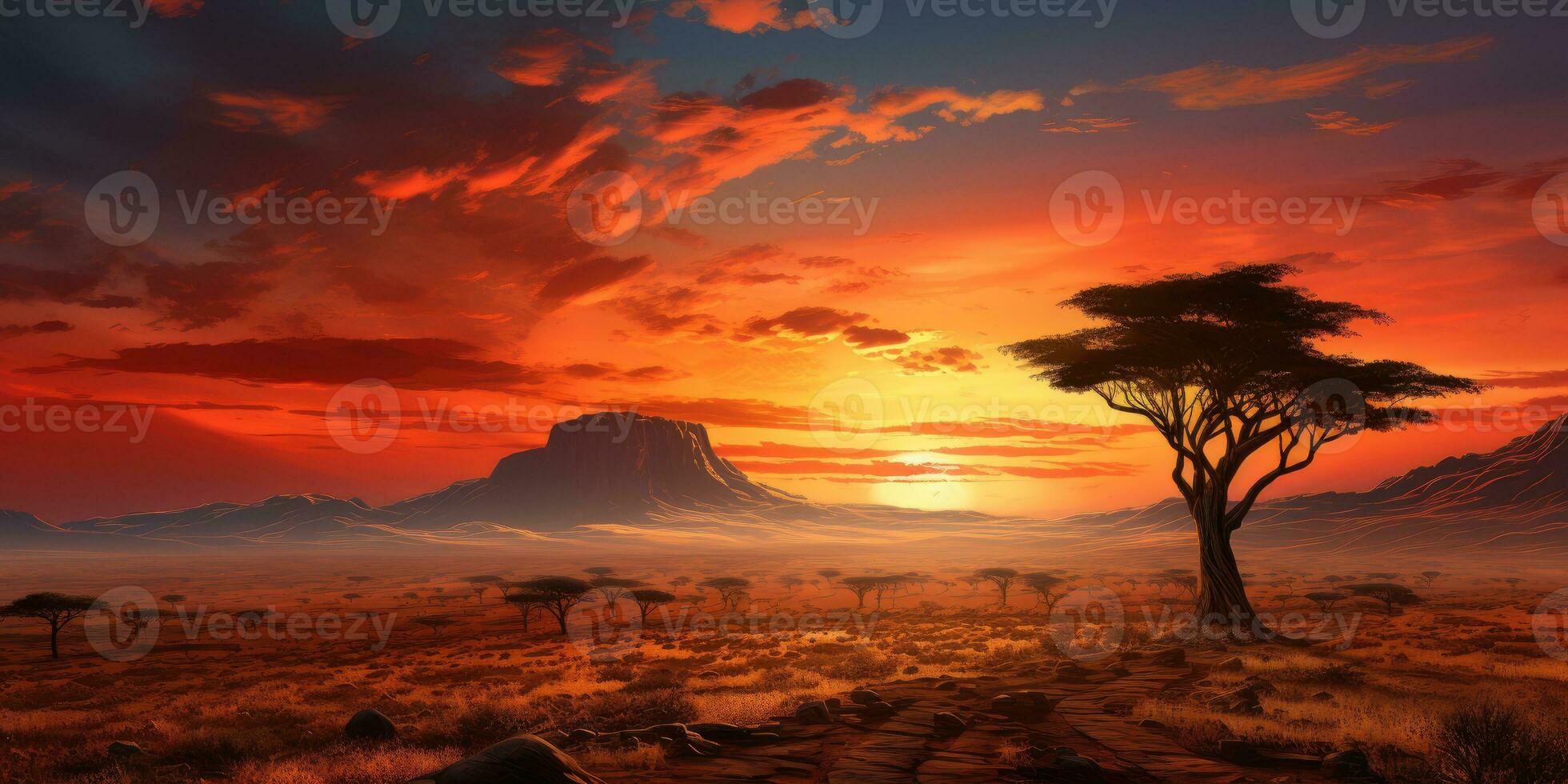 Beautiful sunset in Africa with a dead tree and bright colors. Generative AI photo