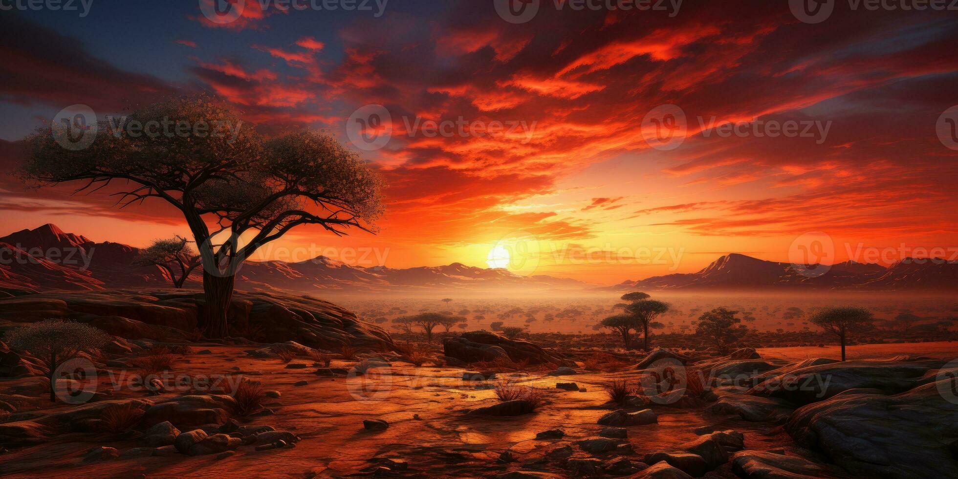 Beautiful sunset in Africa with a dead tree and bright colors. Generative AI photo