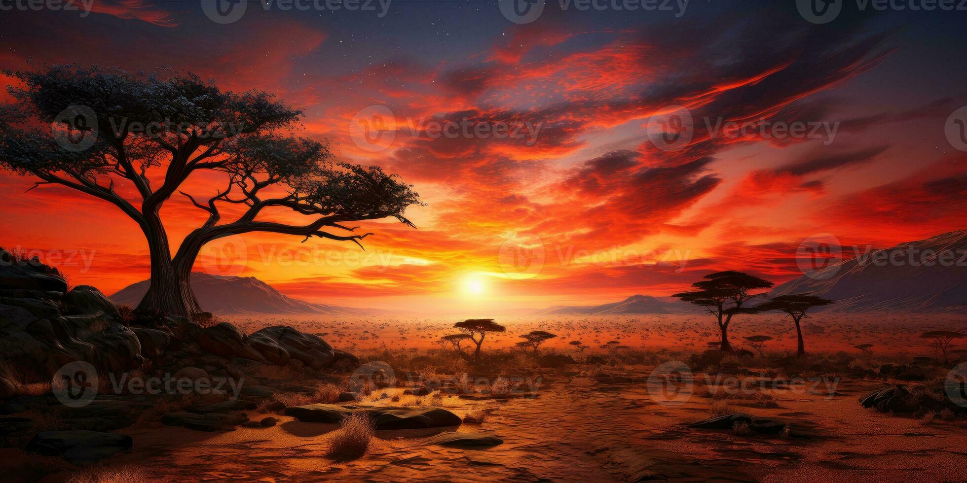 Beautiful sunset in Africa with a dead tree and bright colors. Generative AI photo
