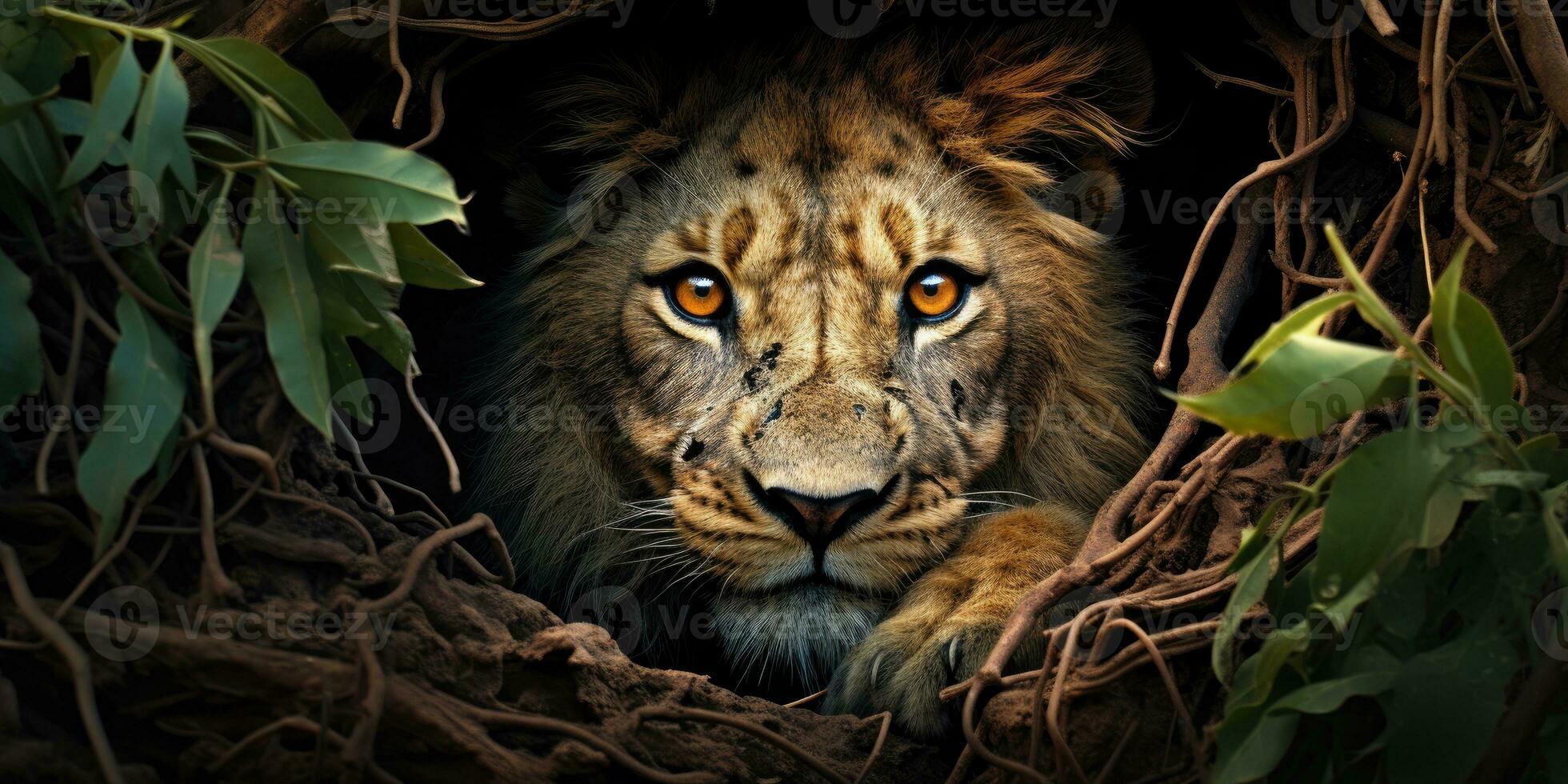 Portrait of Beautiful lion, lion in dark. Generative AI photo