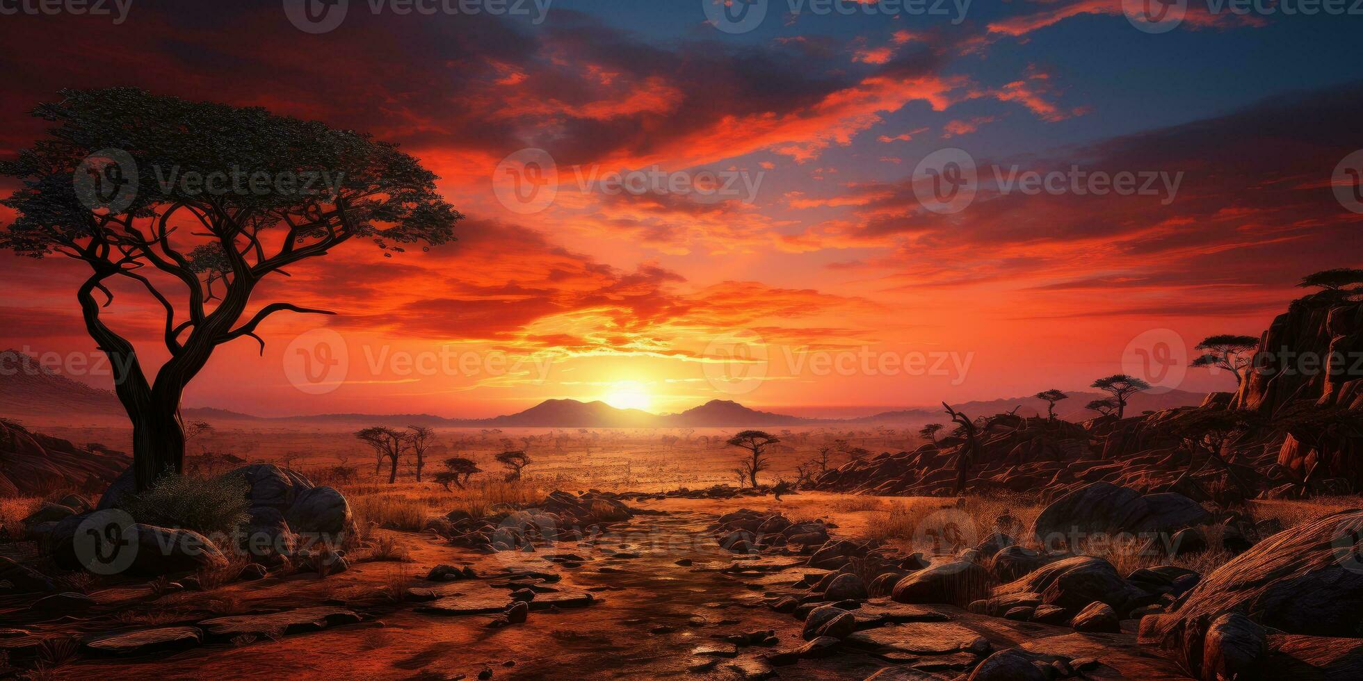 Beautiful sunset in Africa with a dead tree and bright colors. Generative AI photo