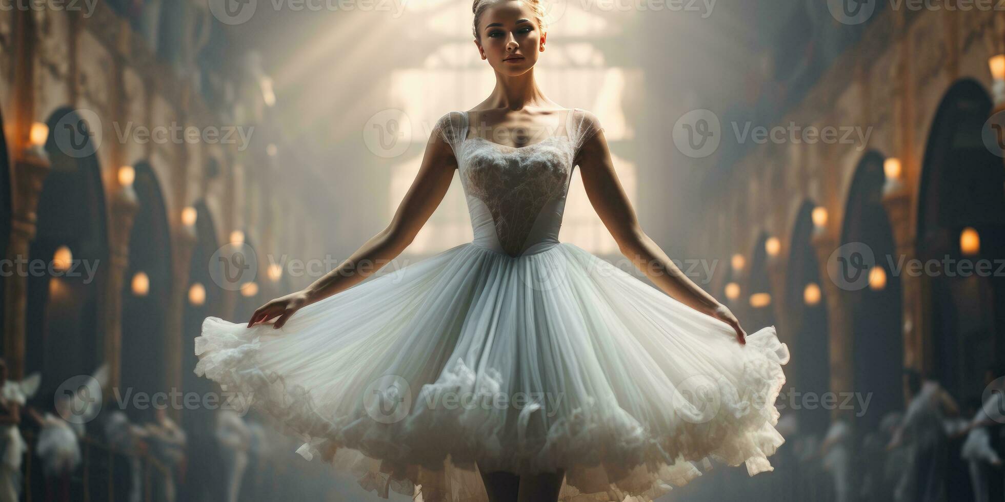 Girl ballerina dancing on stage. The girl is doing ballet. Generative AI photo