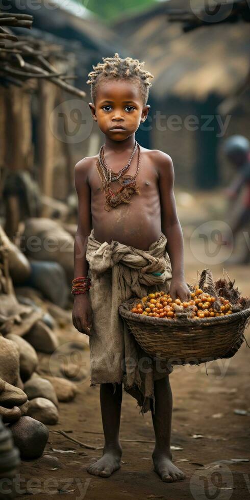 poor and hungry African orphan child dirty clothes. Generative AI photo