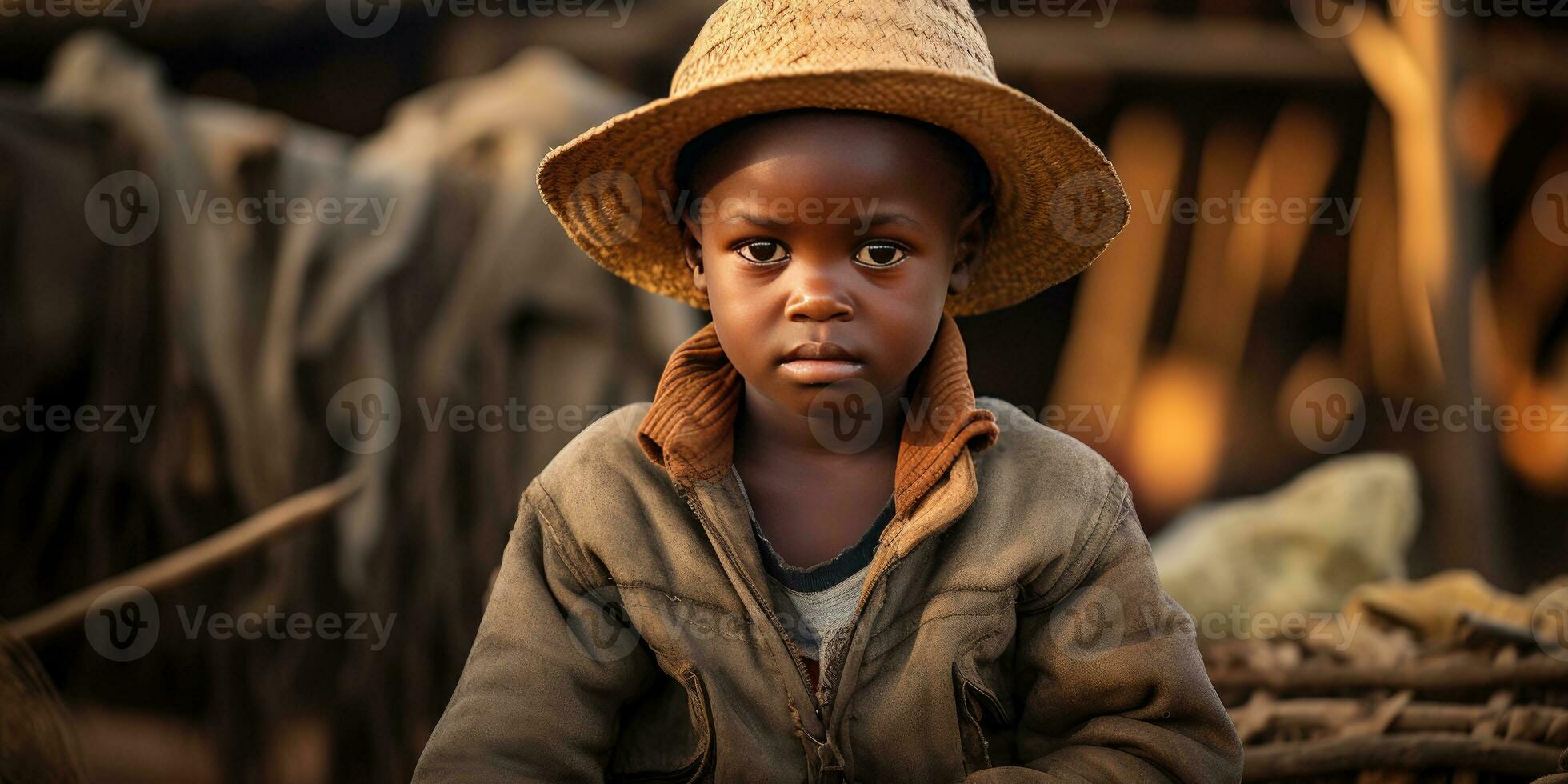 close-up of poor and hungry orphan boy, his face and clothes are dirty. Generative AI photo