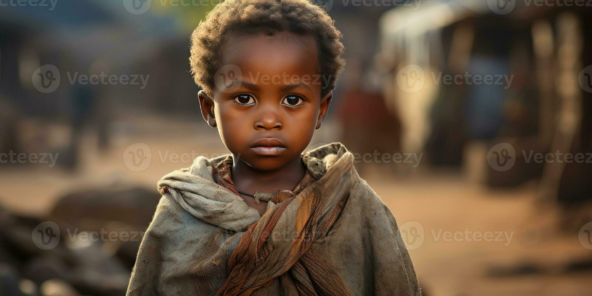 close-up of poor and hungry orphan boy, his face and clothes are dirty. Generative AI photo
