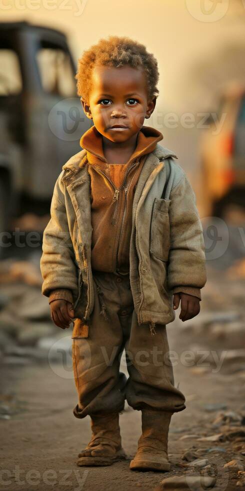 poor and hungry African orphan child dirty clothes. Generative AI photo