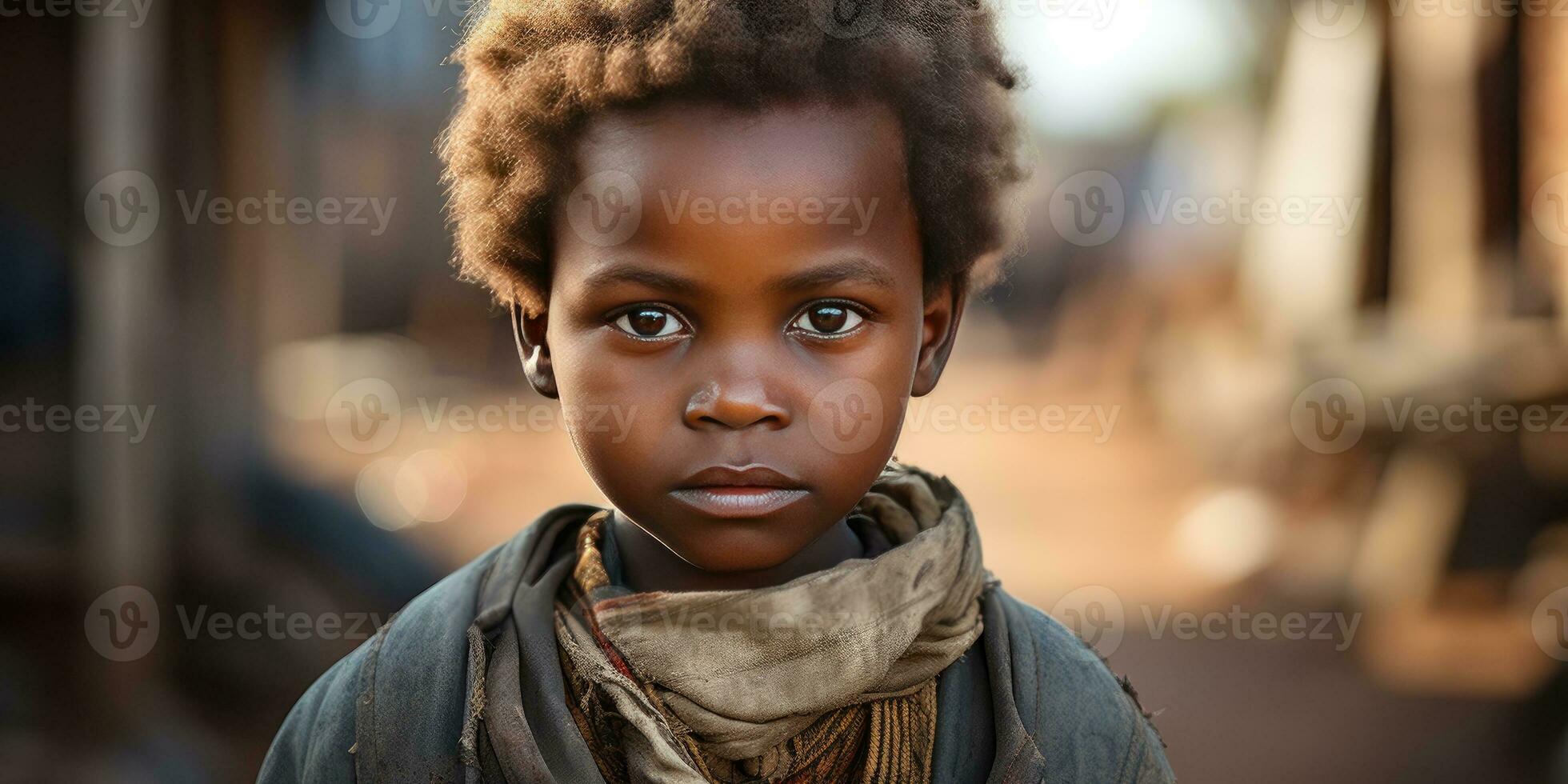 close-up of poor and hungry orphan boy, his face and clothes are dirty. Generative AI photo