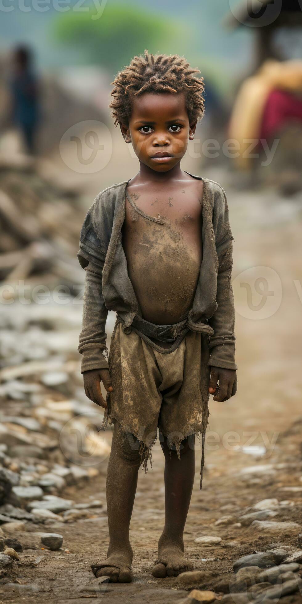 poor and hungry African orphan child dirty clothes. Generative AI