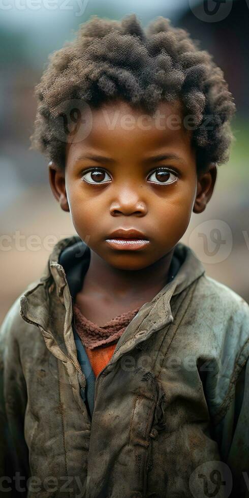 poor and hungry African orphan child dirty clothes. Generative AI photo