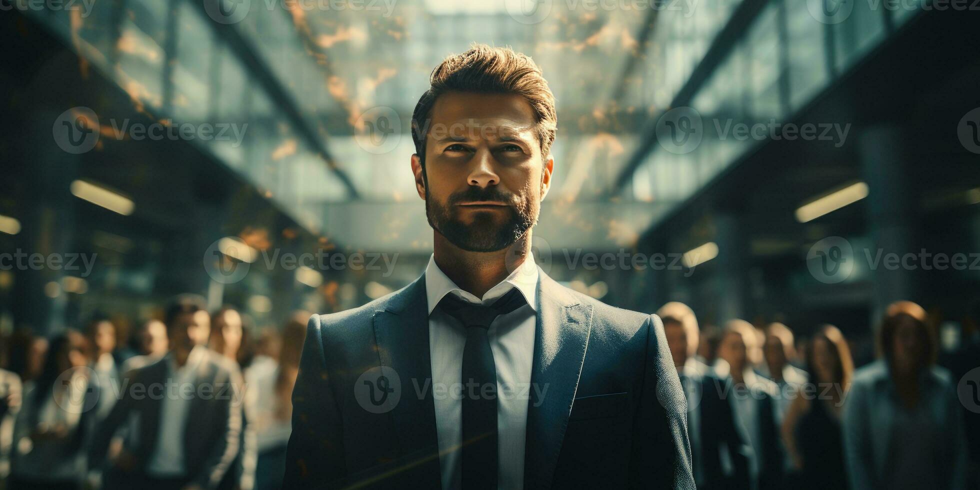 male businessman in a suit and tie on the street, on blurred background of people. Generative AI photo