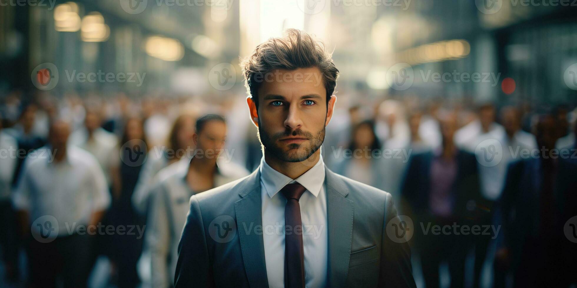 male businessman in a suit and tie on the street, on blurred background of people. Generative AI photo