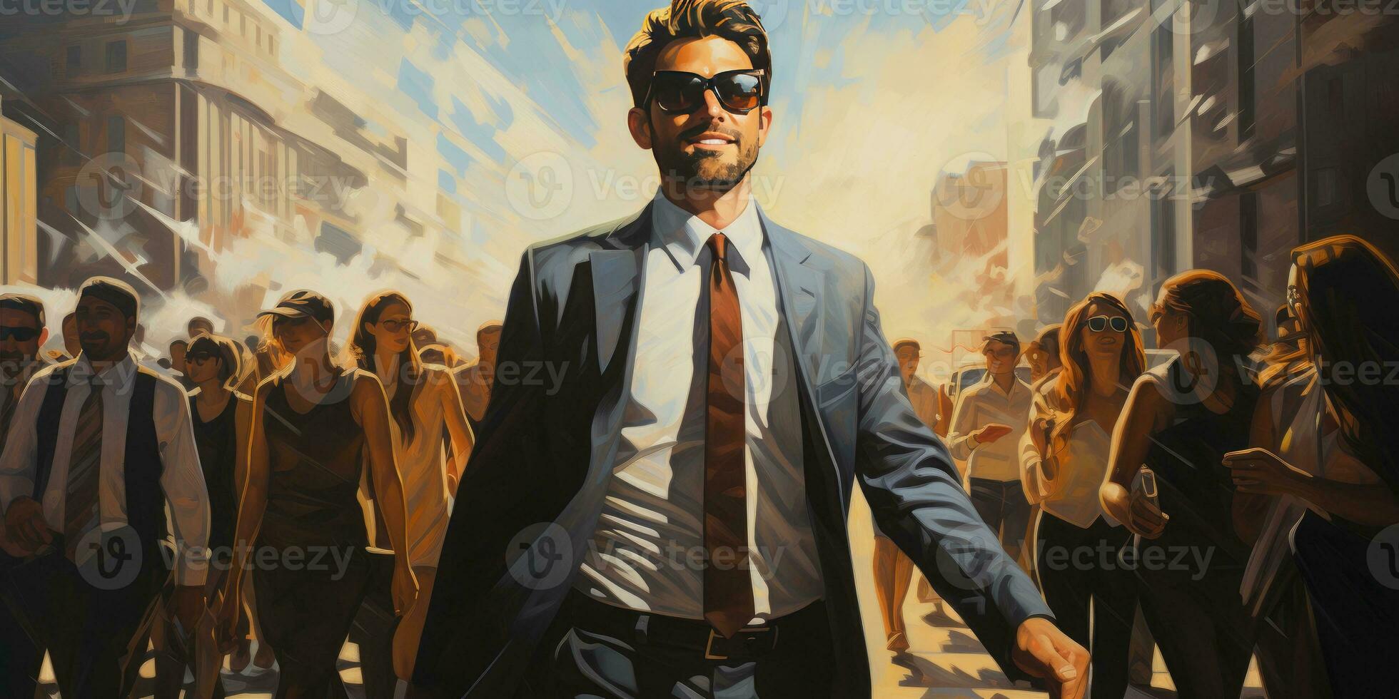 illustration of male businessman in a suit against a backdrop of people. Generative AI photo