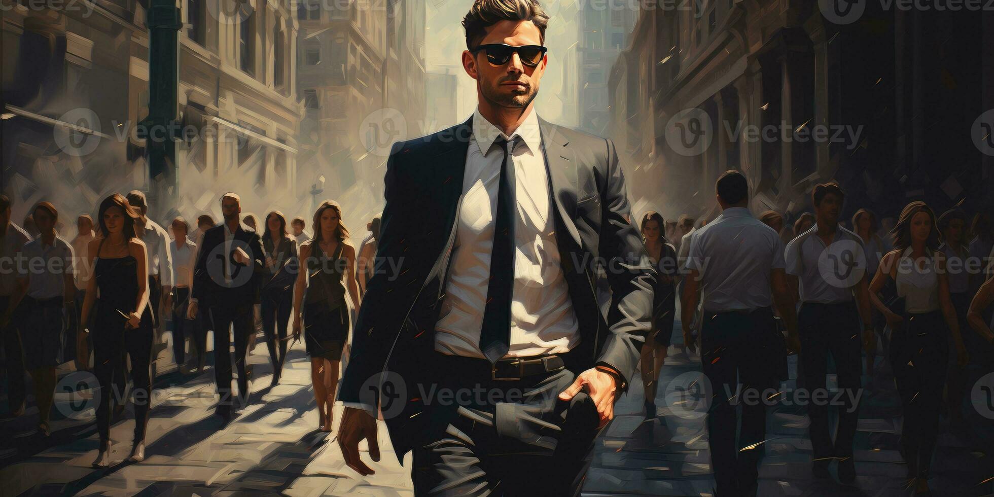 illustration of male businessman in a suit against a backdrop of people. Generative AI photo