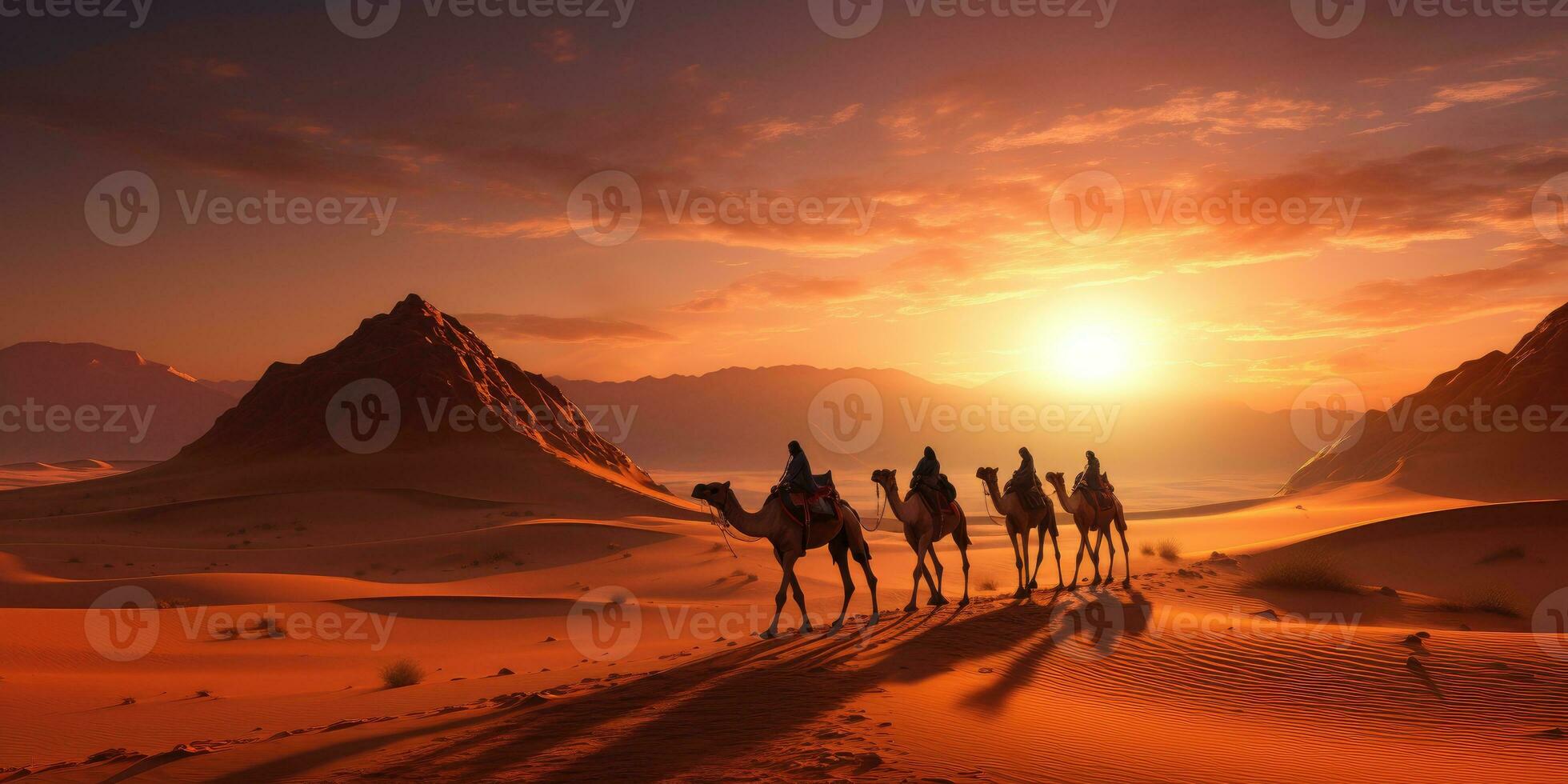 Camels in the dunes of the desert, sunset the desert, nature and travel theme.Generative AI photo